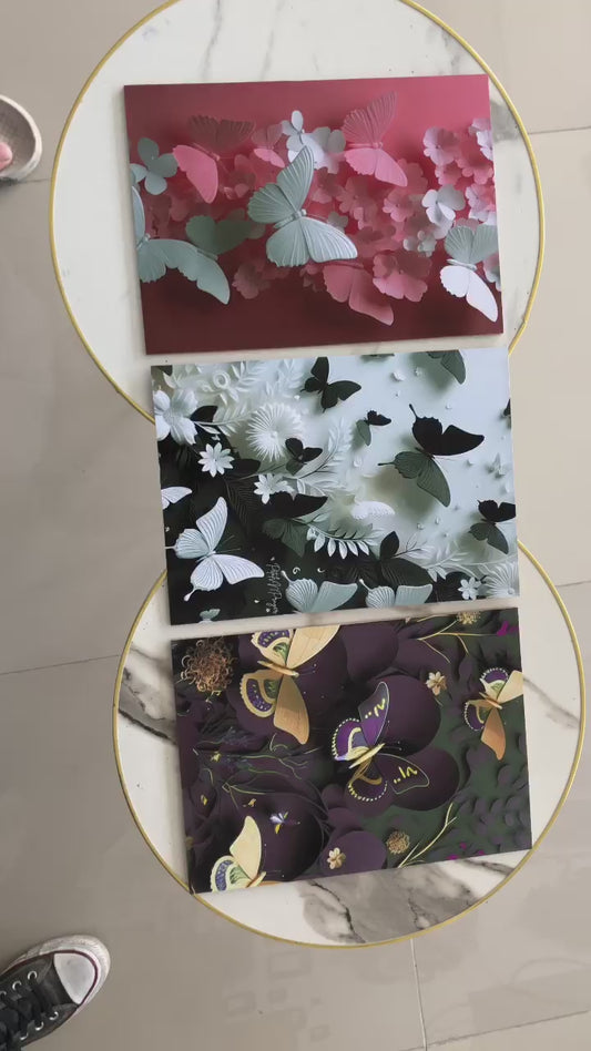 Set Of 3 Butterfly Art Wooden Frames For Wall Decoration / Sticky Photo Tile