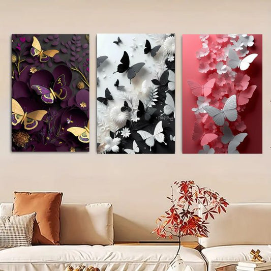 Set Of 3 Butterfly Art Wooden Frames For Wall Decoration / Sticky Photo Tile